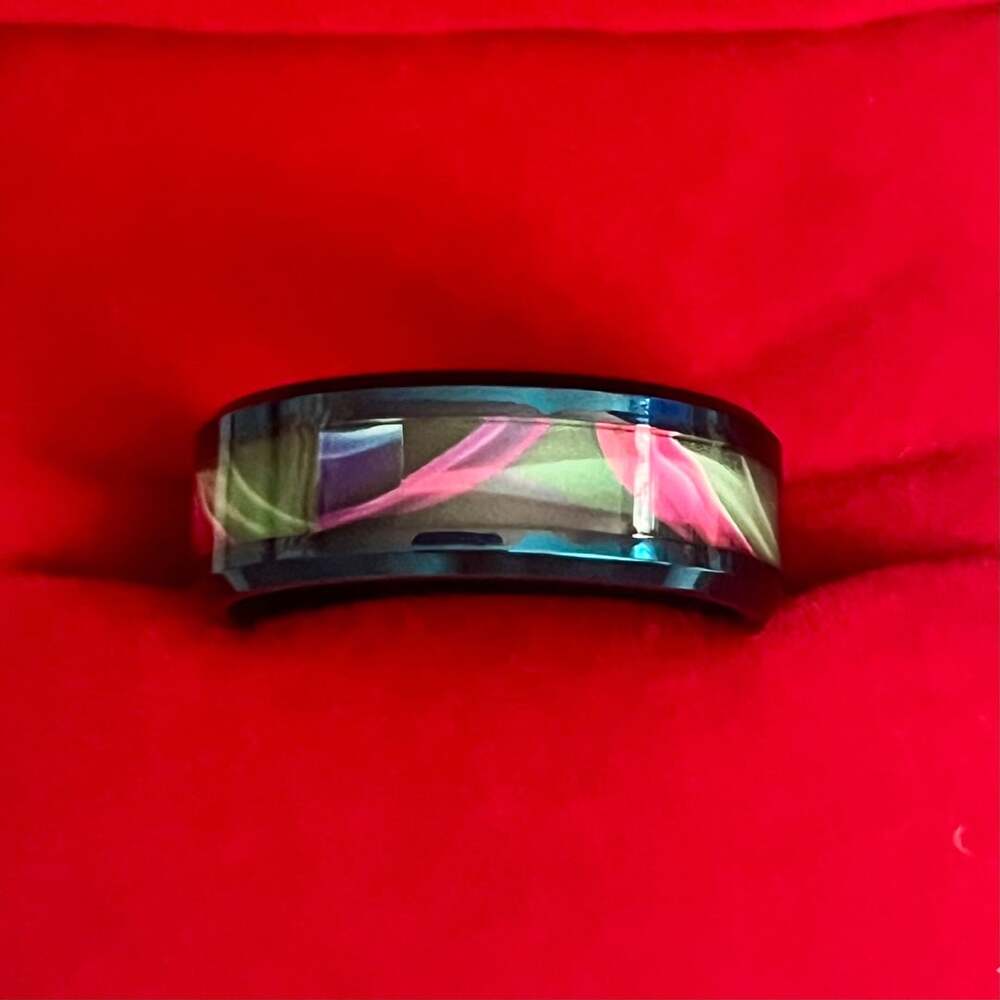 Damascus Titanium Steel Metallic Blue Kaleidoscope Ring with Glow
 Inlay 6mm 11